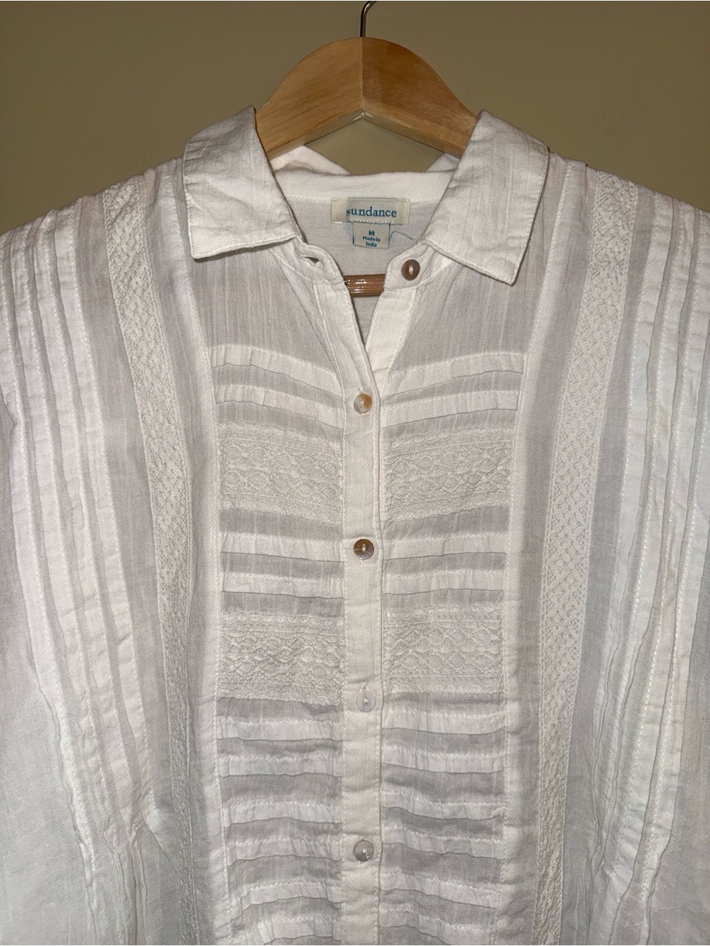 Sundance White Puff 3/4 Sleeves Button Up Top M Eyelet Summer Flowy Cotton Sheer - Picture 2 of 9